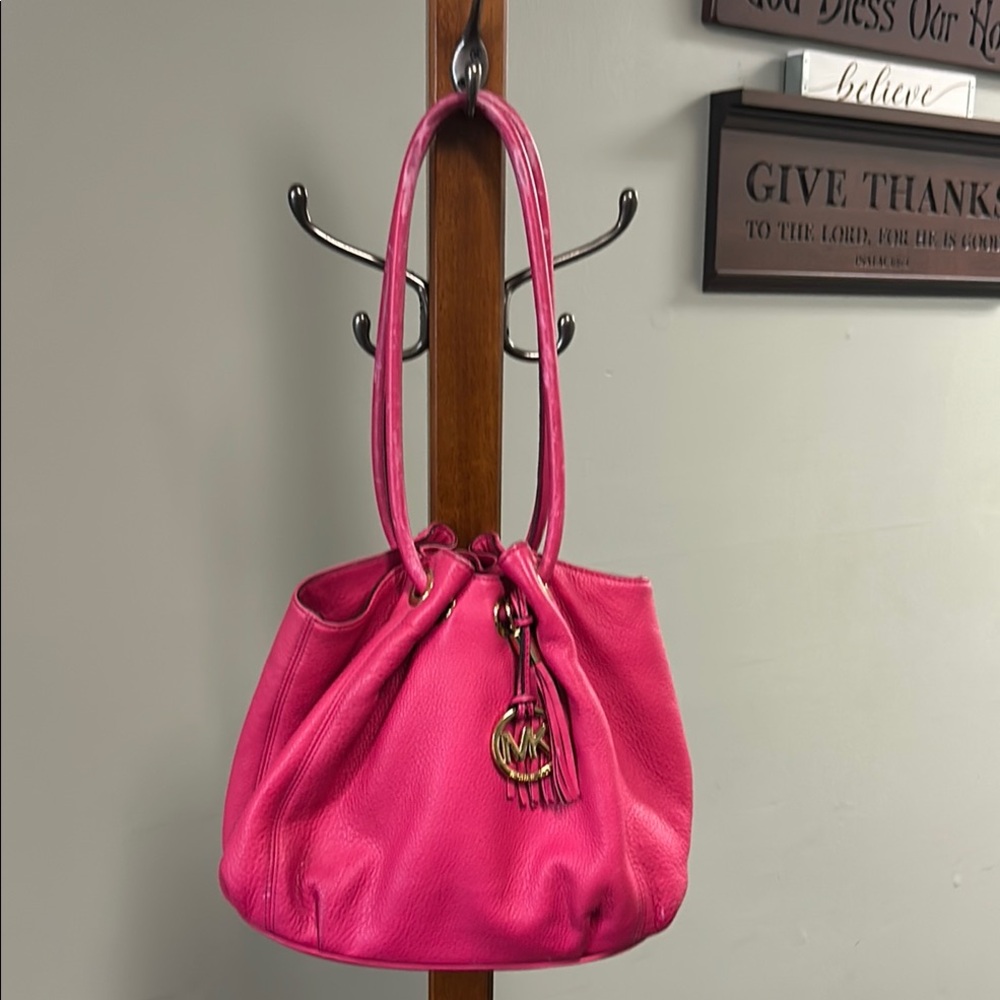 Michael Kors Hot Pink Leather Drawstring Shoulder Tote